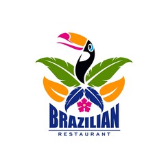 Brazilian cuisine restaurant vector icon with toucan and leaves. Tropical toucan or toucanet bird isolated symbol with exotic palm leaves and flower, Brazil food menu, cafe or bistro emblem © Vector Tradition