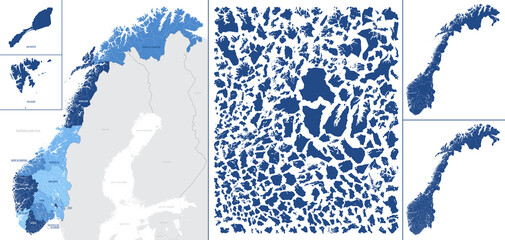 Detailed, vector, blue map of Norway with administrative divisions country