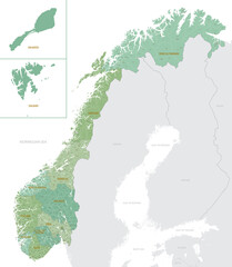 Detailed map of Norway with administrative divisions into Counties and municipalities and Dependent territory, major cities of country vector illustration onwhite background