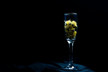 wine glass on a black background There are yellow dried flowers in the wine glass