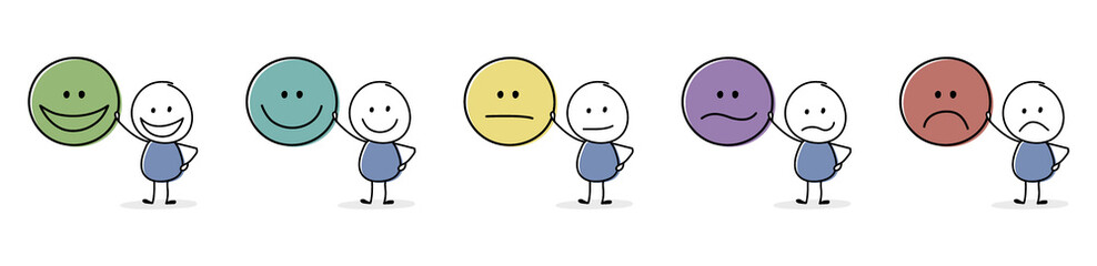 Stickman with emoticons. Appraisal concept. Vector