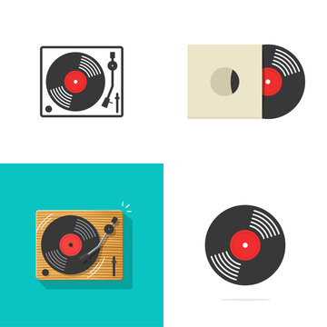 Vinyl lp record player vector icon and album turntable old vintage disc isolated on white background flat cartoon and line outline art illustration top view, plastic retro audio gramophone set