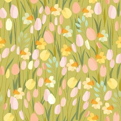 Seamless Pattern with Spring Tulips and Daffodils