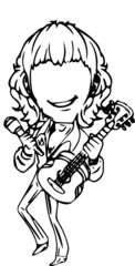 Line art illustration of artist singer with mic and guitar, Outline sketch of guitar player