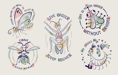 Set of funny emblems with comic cartoon insects, quotes and abstract color shapes. Centipede, moth, butterfly, wasp, fly, cockroach. Vector sketch illustration.