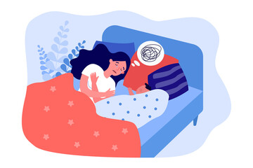 Stress, confusion in head of lonely mother. Woman lying in bed with sleeping baby flat vector illustration. Postpartum depression, mental health concept for banner, website design or landing web page