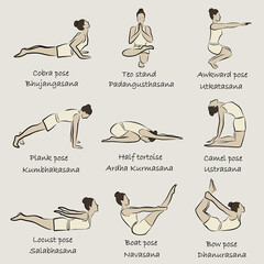 Yoga, sports, gymnastics. Human body health. Healthy lifestyle. Asanas for Vishuddha Chakra. Cobra pose, plank, camel pose, boat pose. Isolated vector objects. 