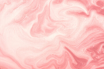 Abstract fluid art background light pink and white colors. Liquid marble. Acrylic painting with...
