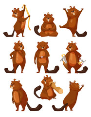 Funny beaver doing different activities cartoon illustration set. Cute rodent with saw, meter ruler and hummer gnawing wood, sitting in lotus pose on white background. Animal, wildlife concept - obrazy, fototapety, plakaty