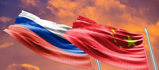 russia and china flag together - obrazy, fototapety, plakaty