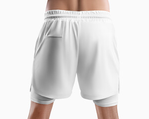 Mockup of white sports shorts with underpants compression line, back view, sports undershorts on a man, for design, pattern.