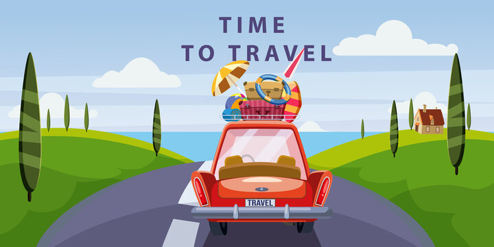 Car summer vacation trip to the sea. Red car with luggage bags, surfboard on the road. Vector illustration retro cartoon