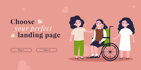 Happy girl with disability with group of friends. Child sitting in wheelchair flat vector illustration. Support for people with disability concept for banner, website design or landing web page