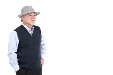 adult senior old man hipster wearing hat thinking smile feeling happy with copy space for your promotional or text isolated on white background.