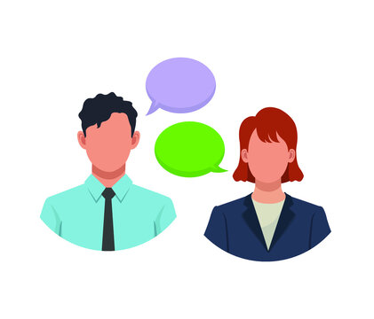 Man and woman talking with speech balloon flat vector illustration.