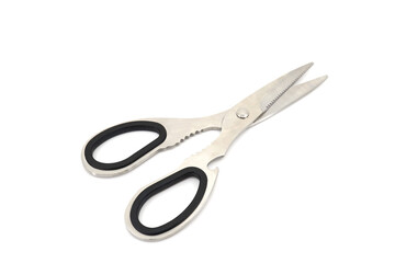 Black steel scissors isolated on white background.