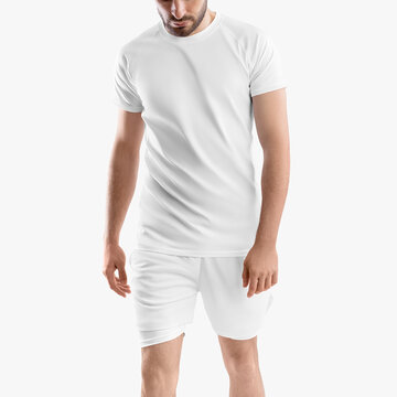 Mockup of white loose shorts with compression lining, t-shirt on man, for design, print, pattern, front view.