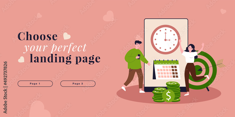 Poster people working with planning schedule. tiny man and woman scheduling tasks in business calendar flat