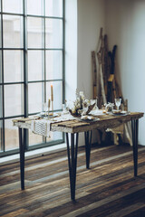 Table setting. A beautifully decorated table in a rustic style. High quality photo