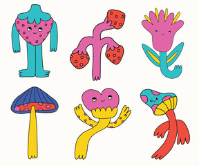 vector set collection of hippie flowers.Summer psychedelic character plants in 70s and 80s style. Vibrant groovy and funky botanic.Kidcore rainbow tattoo stickers.Vintage festive spring nostalgia