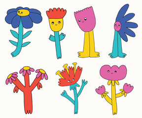 vector set collection of hippie flowers.Summer psychedelic character plants in 70s and 80s style. Vibrant groovy and funky botanic.Kidcore rainbow tattoo stickers.Vintage festive spring nostalgia