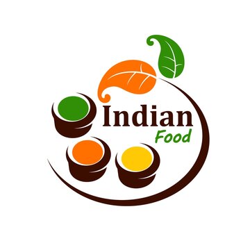 Indian cuisine spices icon. Asian food seasonings and hot spices, indian food restaurant vector symbol or emblem with orange and green culinary herbs leaves, dishes with coriander, mustard and pepper