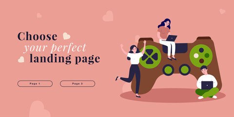Tiny people with gamepad playing video games on console. Male and female gamers gaming flat vector illustration. Entertainment, gamification concept for banner, website design or landing web page