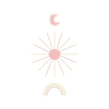 Boho celestial gentle childish dotted sun rainbow moon vector illustration isolated on white. Infantile sky objects girlish pinky print for baby fashion and nursery decor.