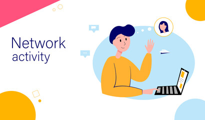 Network activity landing page template. People communicate using social networks. illustration of communication via the internet, video, news, social networks, messages, website.