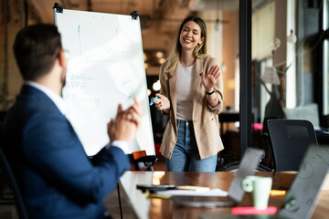 Businesswoman present her idea to working team. Young beautiful woman presenting businessplan..