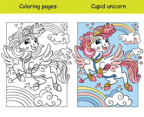 Coloring with template cute unicorn with rainbow mane © alinart