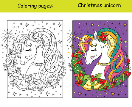Coloring with template cute unicorn with christmas wreath