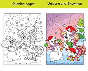 Coloring with template cute unicorn with a snowman