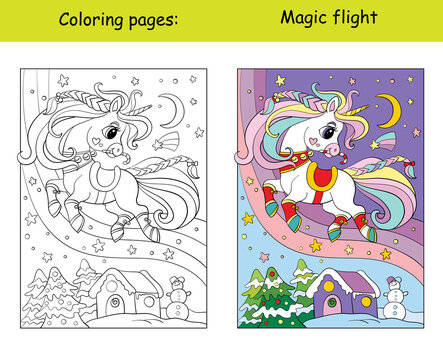 Coloring with template cute christmas flying unicorn
