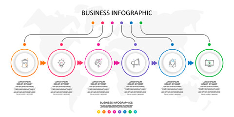 Vector line infographics template for six arrows and circles. Business concept with 6 elements and icons. Modern blank space for chart, content, step for step, timeline, diagram, web
