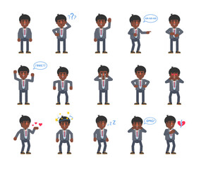 Set of businessman characters showing various emotions. Man laughing, sleeping, crying, angry, tired, in love and showing other expressions. Modern vector illustration