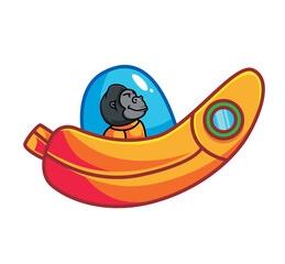 cute astronaut gorilla with bananaship rocket. cartoon animal science technology concept Isolated illustration. Flat Style suitable for Sticker IconDesign Premium Logo vector. Mascot Character