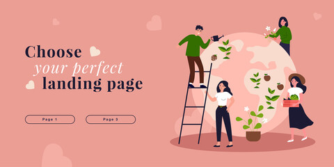 Volunteers planting and watering plants on globe of planet Earth. People protecting environment flat vector illustration. Ecology, reforestation concept for banner, website design or landing web page