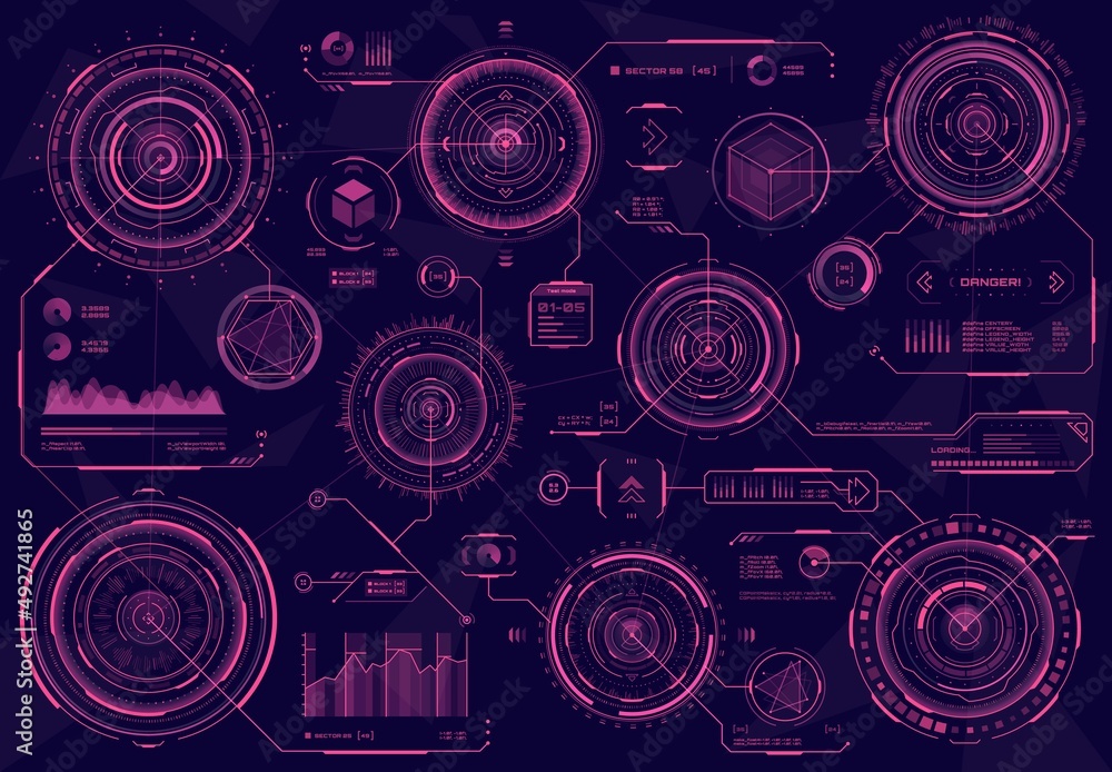 Leinwandbilder HUD futuristic red circular web interface panels, Sci Fi, business infographics visual data. HUD vector graph diagrams and tech web panel or UI screen with digital circle charts of virtual display