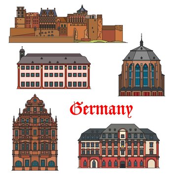 Germany architecture, Heidelberg churches and castles, architecture and travel vector landmarks. German Wurttemberg Heiliggeistkirche, Haus zum Ritter, Schlossberg castle and Ruprecht Karl University