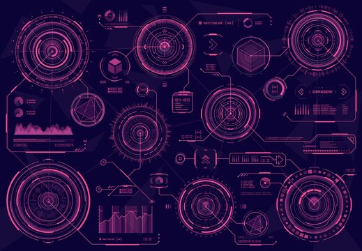 HUD Futuristic Red Circular Web Interface Panels, Sci Fi, Business Infographics Visual Data. HUD Vector Graph Diagrams And Tech Web Panel Or UI Screen With Digital Circle Charts Of Virtual Display