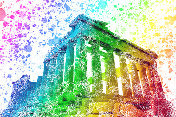 Athens Parthenon in rainbow paint splatter