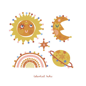 Celestial boho sun crescent moon rainbow planet star vector illustration set isolated on white. Bohemian day and night sky space tee print collection for baby fashion or Scandinavian nursery decor.