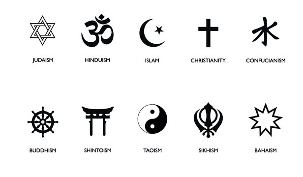 World religion symbols. Signs of major religious groups and religions. Christianity, Islam, Hinduism, Buddhism, Bahaism, Judism, Taoism, Shinto, Sikhism and Judaism, with English labeling.set of icons