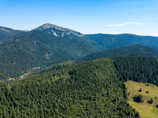 Green mountains of Ukrainian Carpathians in summer. Sunny clear day. Aerial drone view.