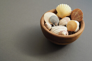 Olive wood bowl of colorful small shells