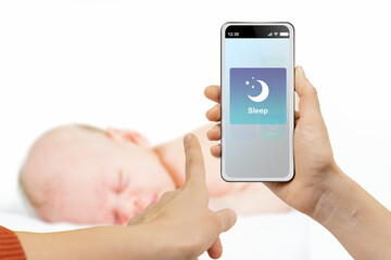 Woman showing application with newborn sleeping time reminder
