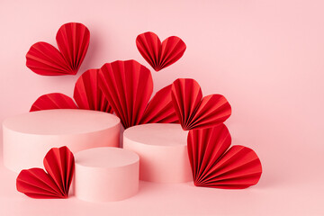 Passion bright romance pink abstract stage mockup in chinese style with three circle podiums, soar red paper hearts, copy space, closeup. Scene template for presentation cosmetic product, advertising.