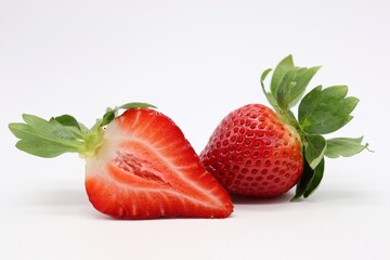 strawberries with leaf and one sliced on white background