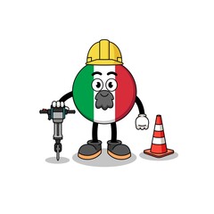 Character cartoon of italy flag working on road construction